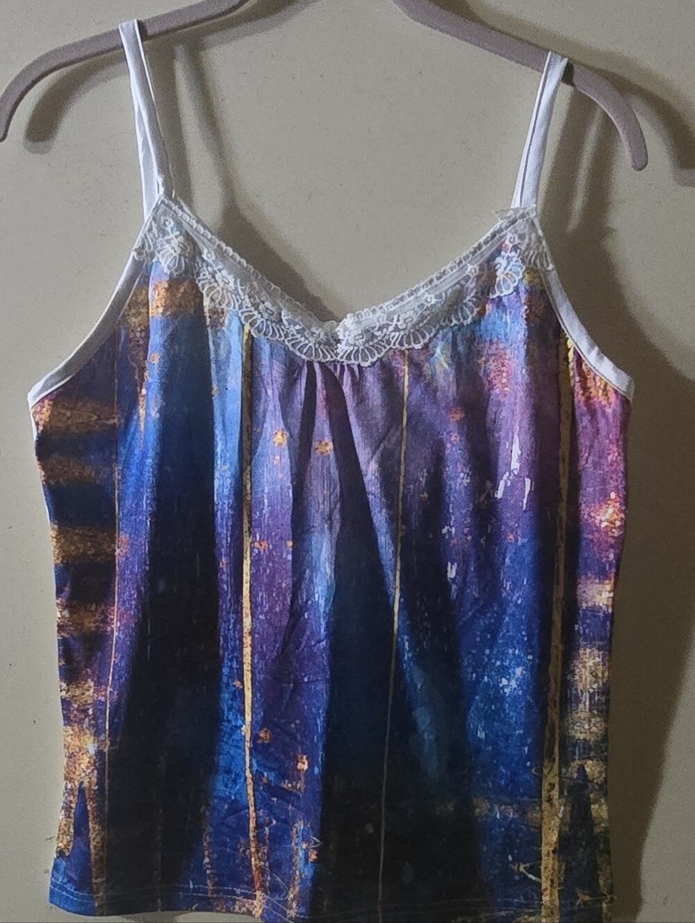 Women's Purple Blue Abstract Lace-Trim Cami Top